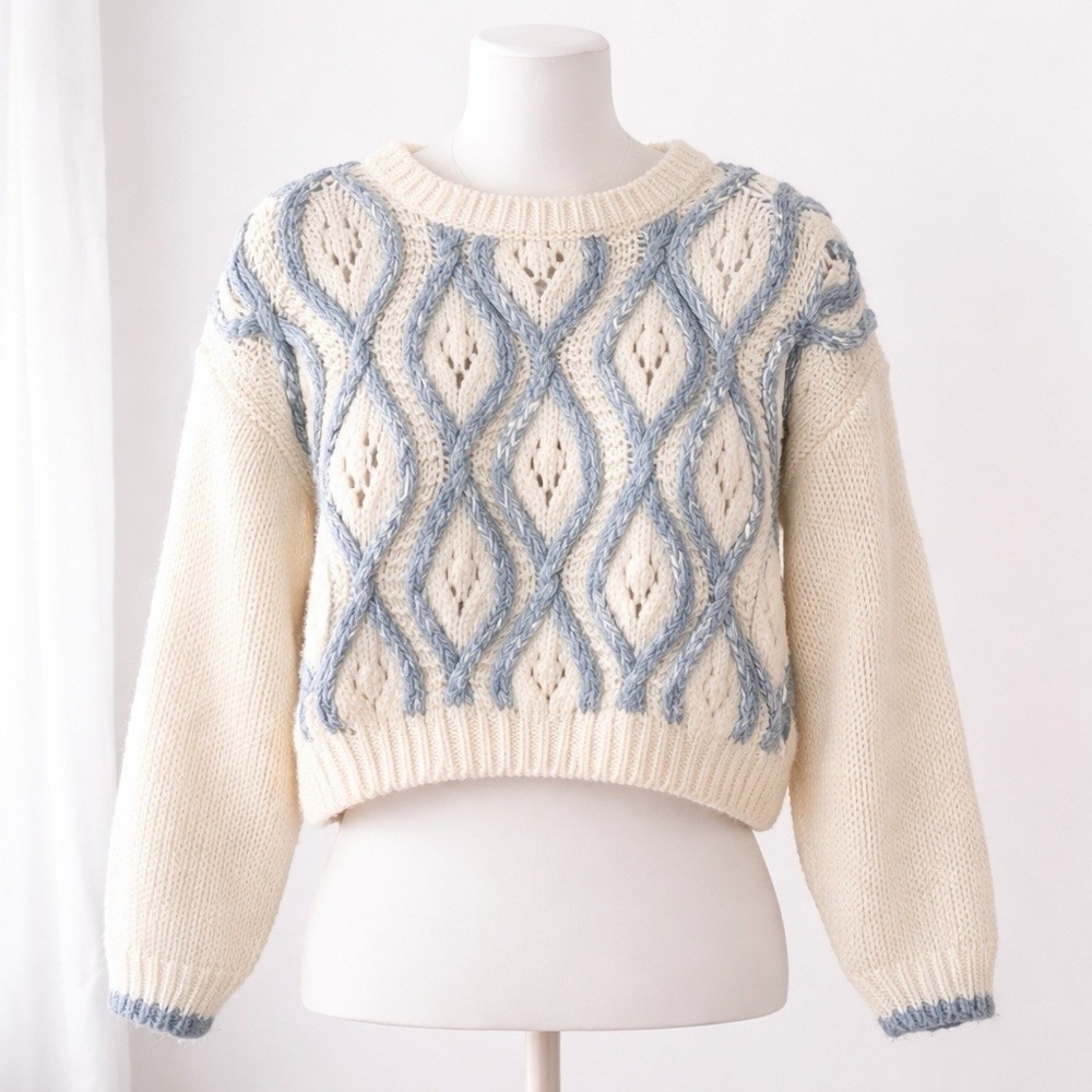 VTG 90s Nuggets Ramie‎ Chunky Knit Sweater Blue Ivory Cropped L Cozy Boxy